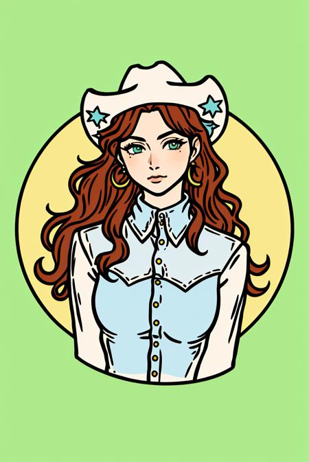3978520198-3869557036-western illustration, masterpiece, best quality, 1girl, aqua eyes, cowboy cap, brown hair, closed mouth, earrings, green backgro.png